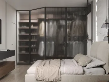 Интерьер спальни с перегородкой раздвижной  смотреть на Basicdecor