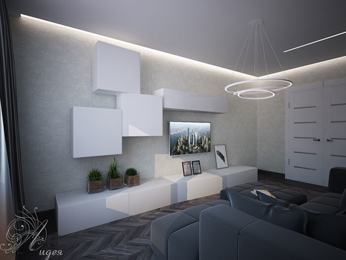 Интерьер гостиной с нишей с подсветкой, проходной, подсветкой настенной, подсветкой светодиодной и с подсветкой в модернизме
