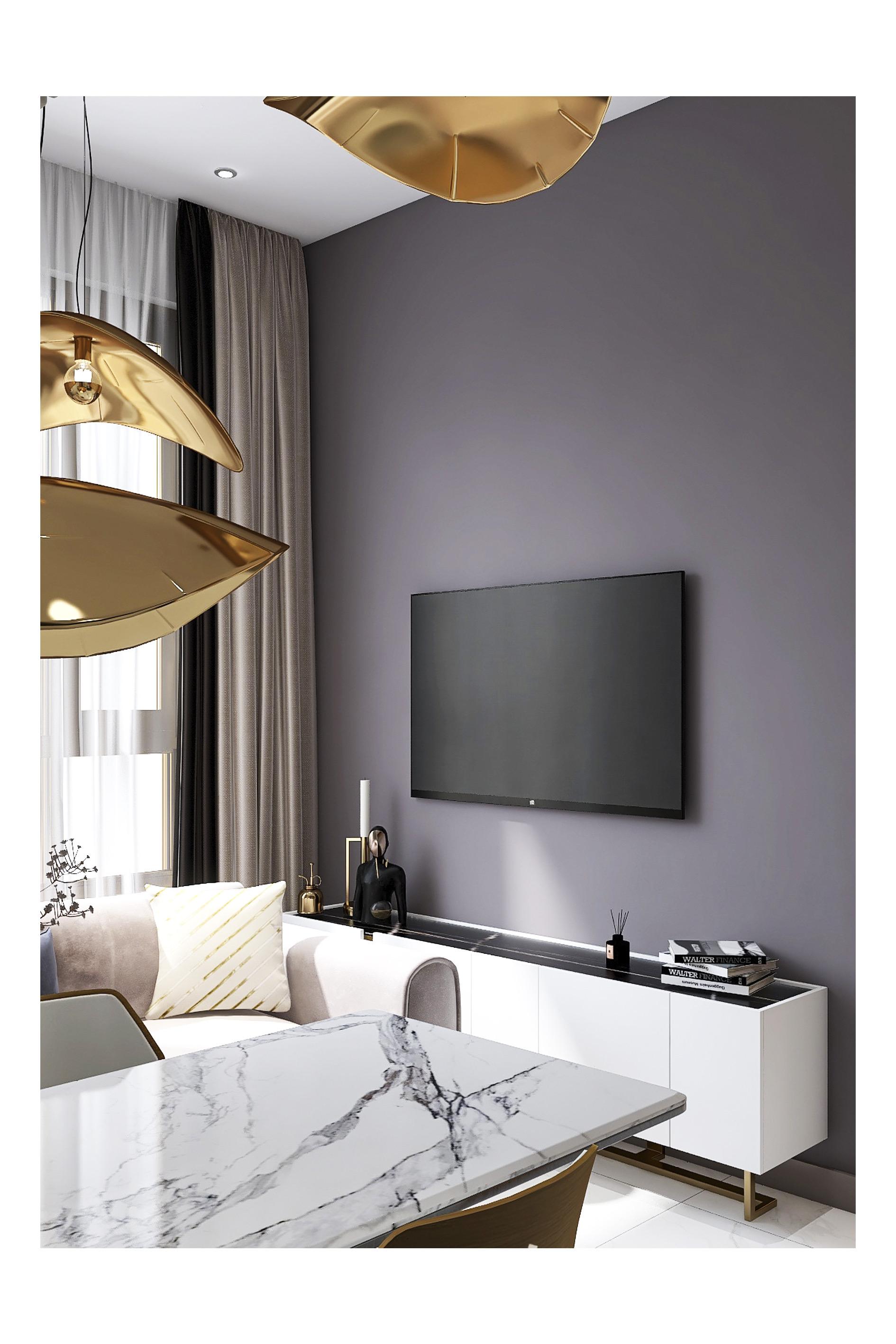 Интерьер кухни cтеной с телевизором, телевизором на стене, нишей для телевизора и керамогранитом на стену с телевизором