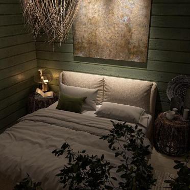 Интерьер спальни cветильниками над кроватью в эко смотреть на Basicdecor