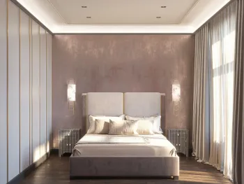 Интерьер спальни cветильниками над кроватью и с подсветкой  смотреть на Basicdecor