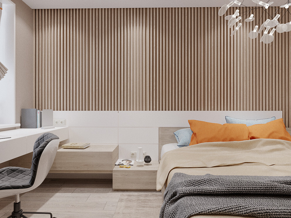 Интерьер спальни с телевизором на рейках, вертикальными жалюзи и рейками с подсветкой в современном стиле