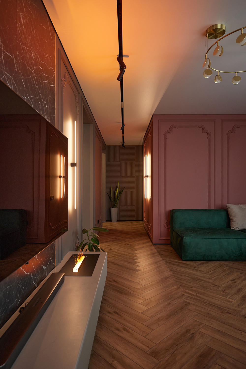Интерьер гостиной с подсветкой настенной, подсветкой светодиодной и с подсветкой
