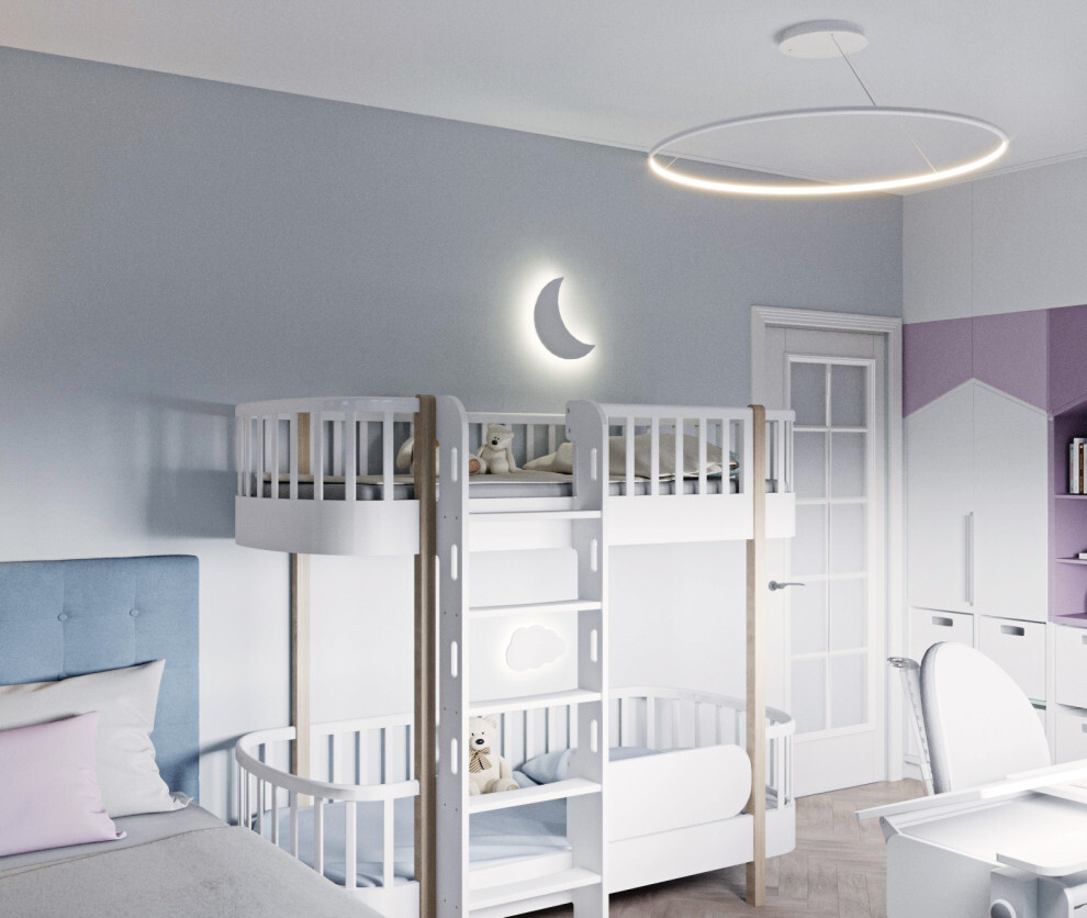Интерьер детской с подсветкой настенной, подсветкой светодиодной и светильниками над кроватью в современном стиле