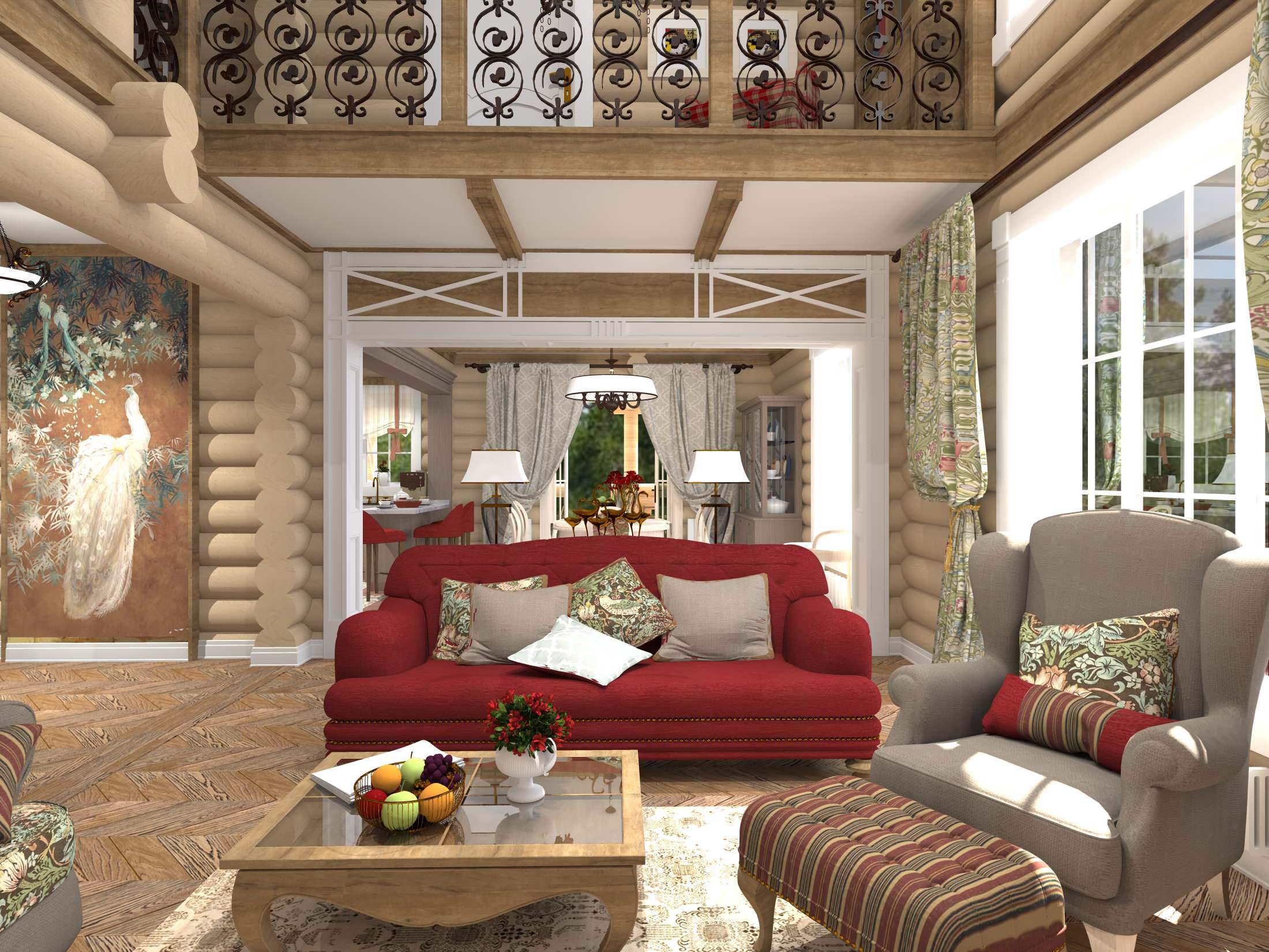 Интерьер гостиной с в деревянном доме и сауной в стиле кантри, ретро и древнерусском