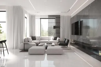 Интерьер гостиной cветовыми линиями и с подсветкой  смотреть на Basicdecor