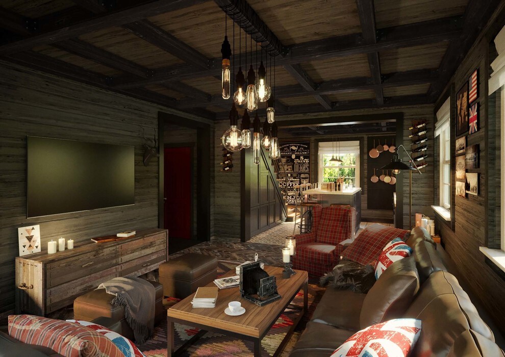 Интерьер гостиной с в деревянном доме и сауной в стиле лофт и в стиле кантри