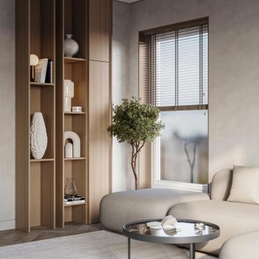 Интерьер гостиной с жалюзи и дверными жалюзи  смотреть на Basicdecor
