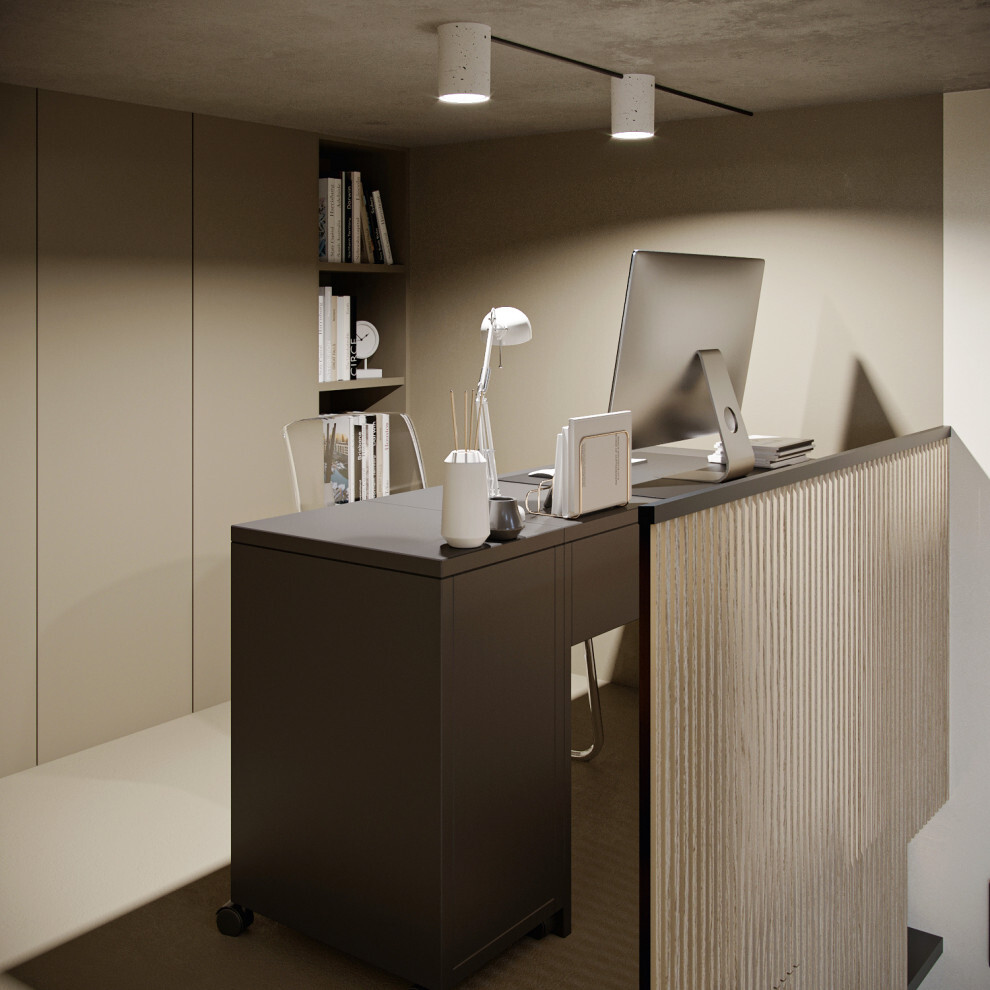 Интерьер кабинета c рабочим местом, рейками с подсветкой, светильниками над столом, подсветкой настенной, подсветкой светодиодной, подсветкой рабочей зоны и с подсветкой в современном стиле