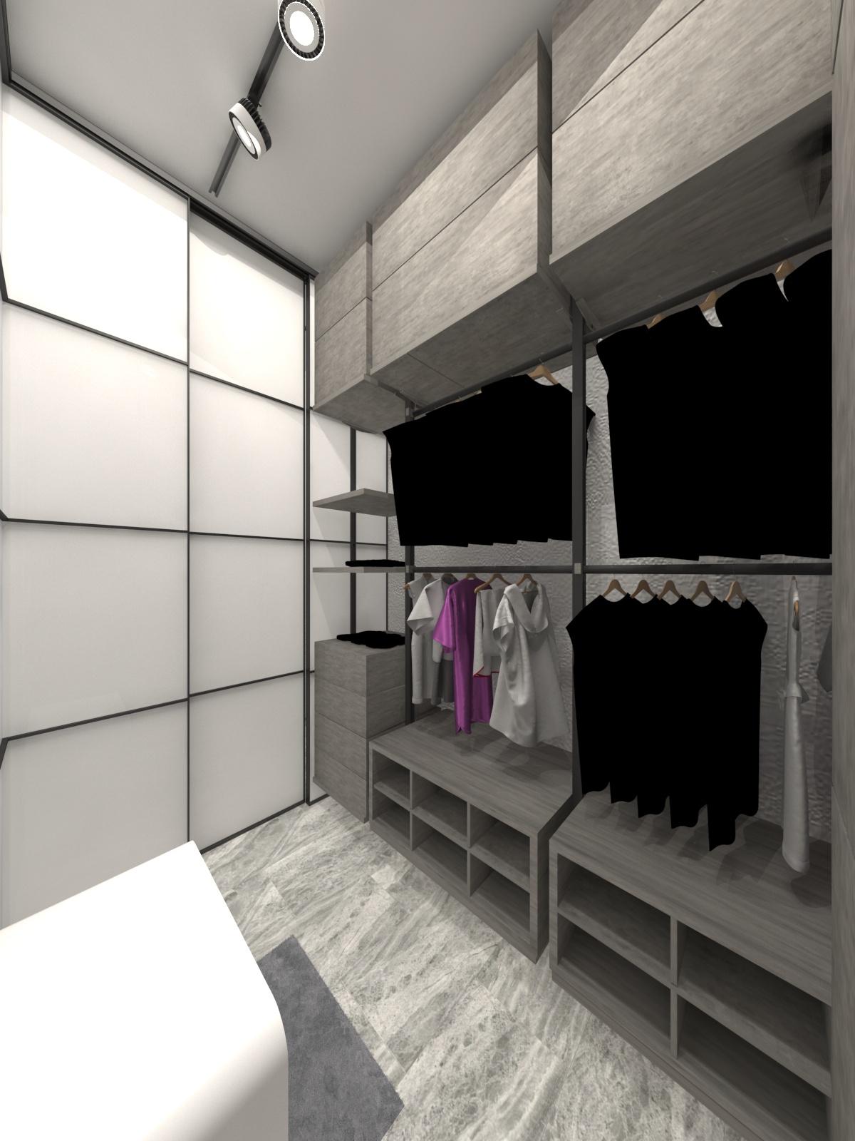 Интерьер с гардеробной, проходной, кладовкой и гардеробной со шторой