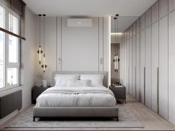 Интерьер спальни cветильниками над кроватью и шкафом над кроватью  смотреть на Basicdecor