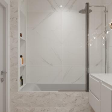 Интерьер ванной с душевой из плитки в современном стиле смотреть на Basicdecor