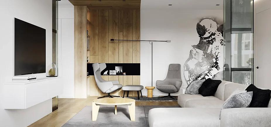 Интерьер гостиной с в деревянном доме, проходной, open space и незастекленным в стиле лофт, скандинавском стиле, рустике, минимализме, джапанди и контемпорарях