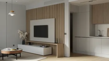Интерьер гостиной с телевизором на рейках  смотреть на Basicdecor
