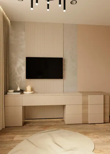 Интерьер кабинета с телевизором на стене и нишей для телевизора  смотреть на Basicdecor