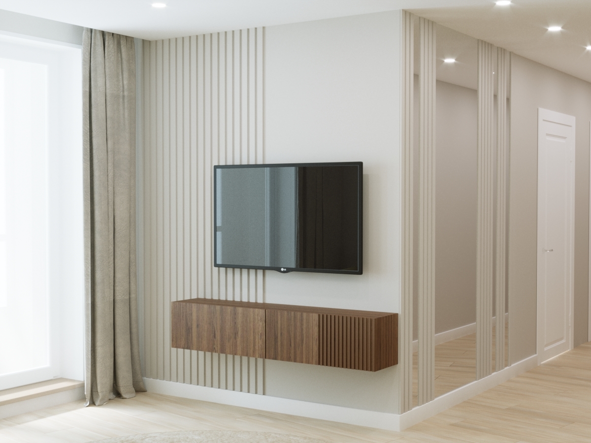 Интерьер кухни cтеной с телевизором, телевизором на рейках и телевизором на стене