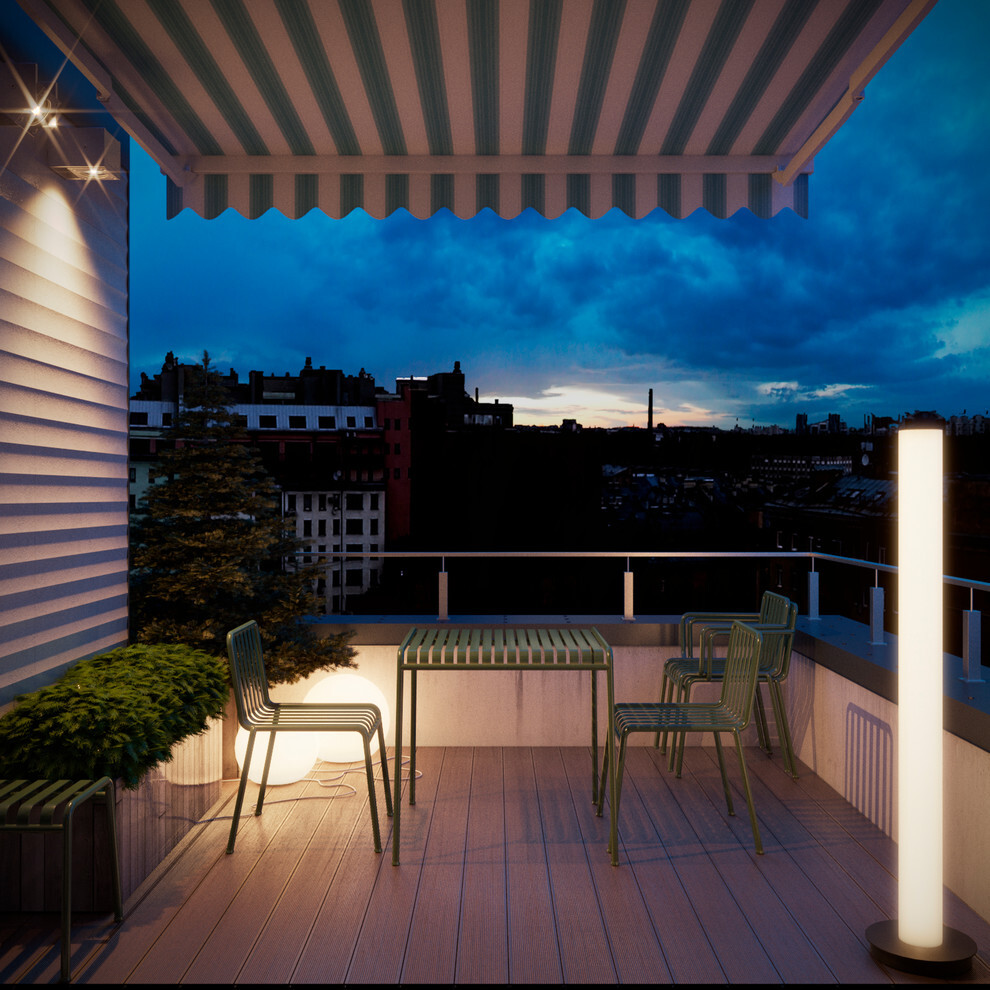 Интерьер балкона с балконом и незастекленным в скандинавском стиле