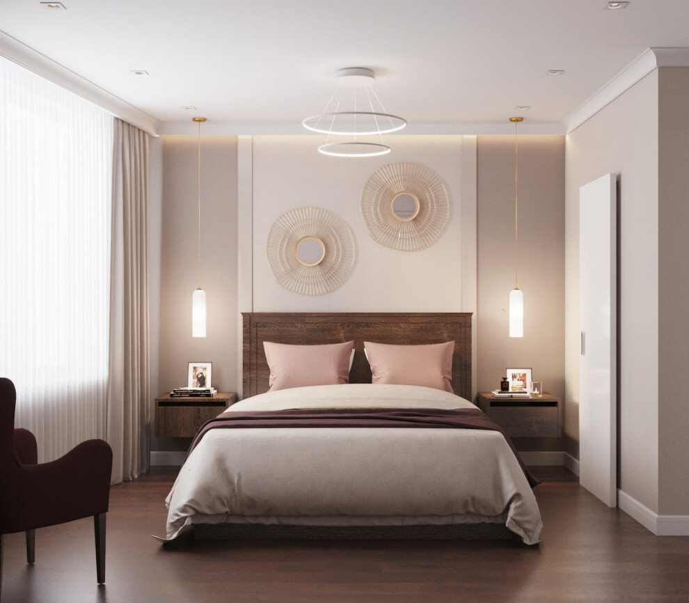 Интерьер спальни с подсветкой настенной, подсветкой светодиодной и светильниками над кроватью в неоклассике