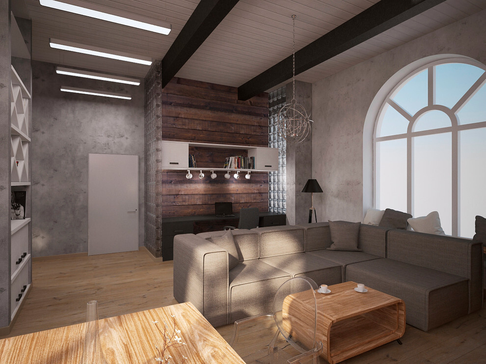 Интерьер гостиной с в деревянном доме, рейками с подсветкой, подсветкой настенной и подсветкой светодиодной в стиле лофт