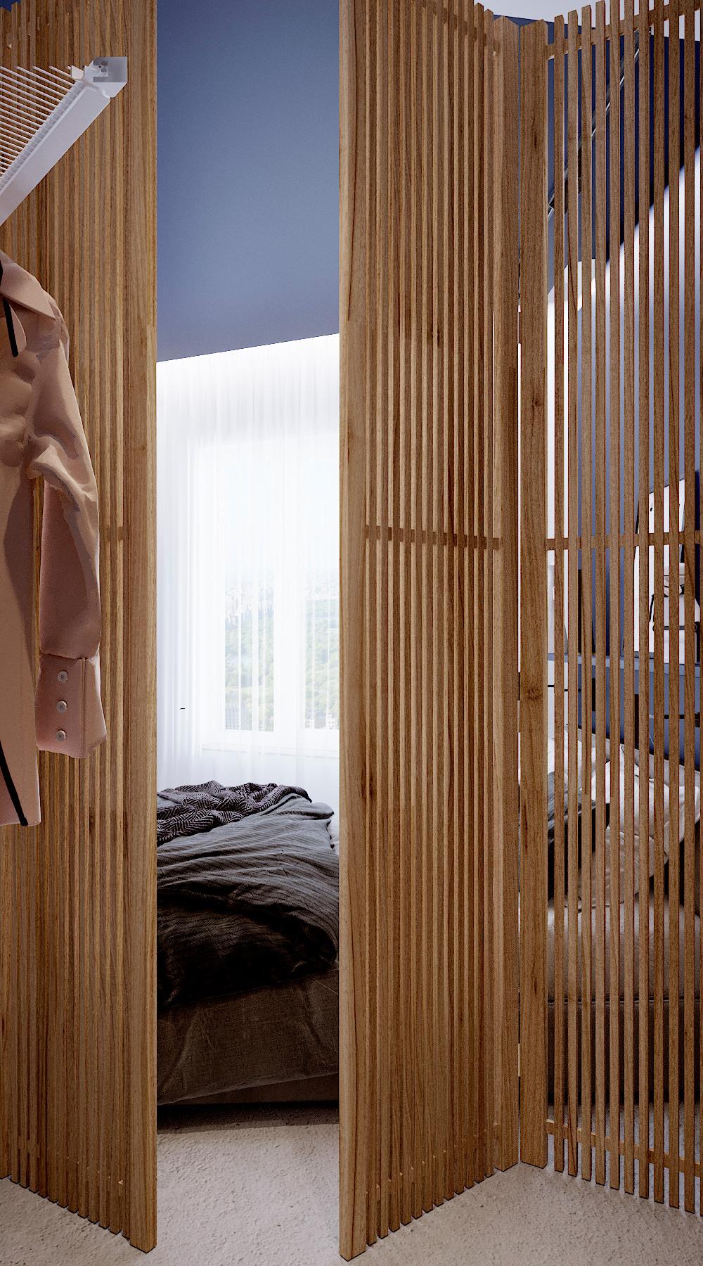 Интерьер спальни с зонированием рейками, перегородкой раздвижной и вертикальными жалюзи в современном стиле