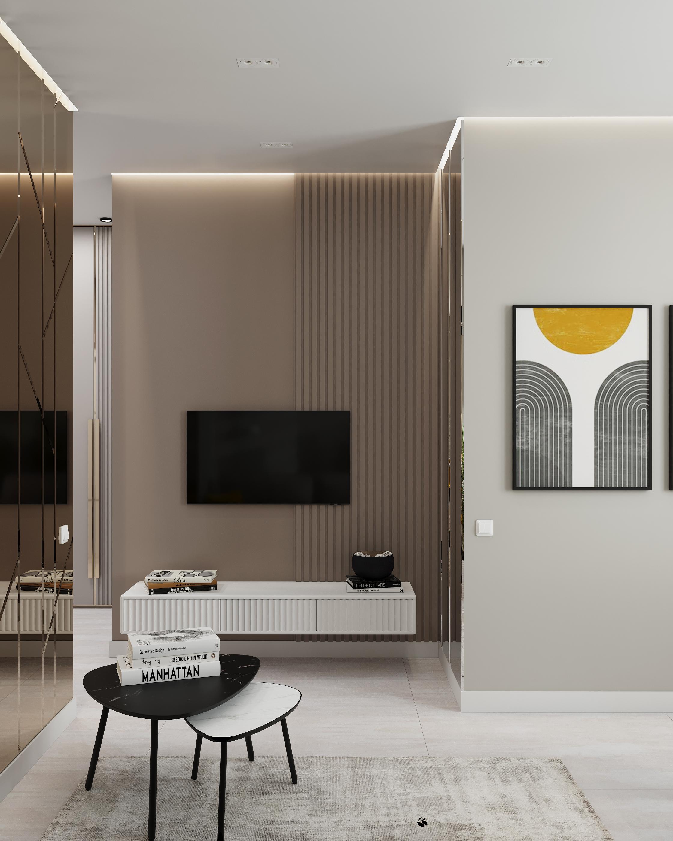 Интерьер гостиной с керамогранитом на стену с телевизором, рейками с подсветкой и подсветкой настенной