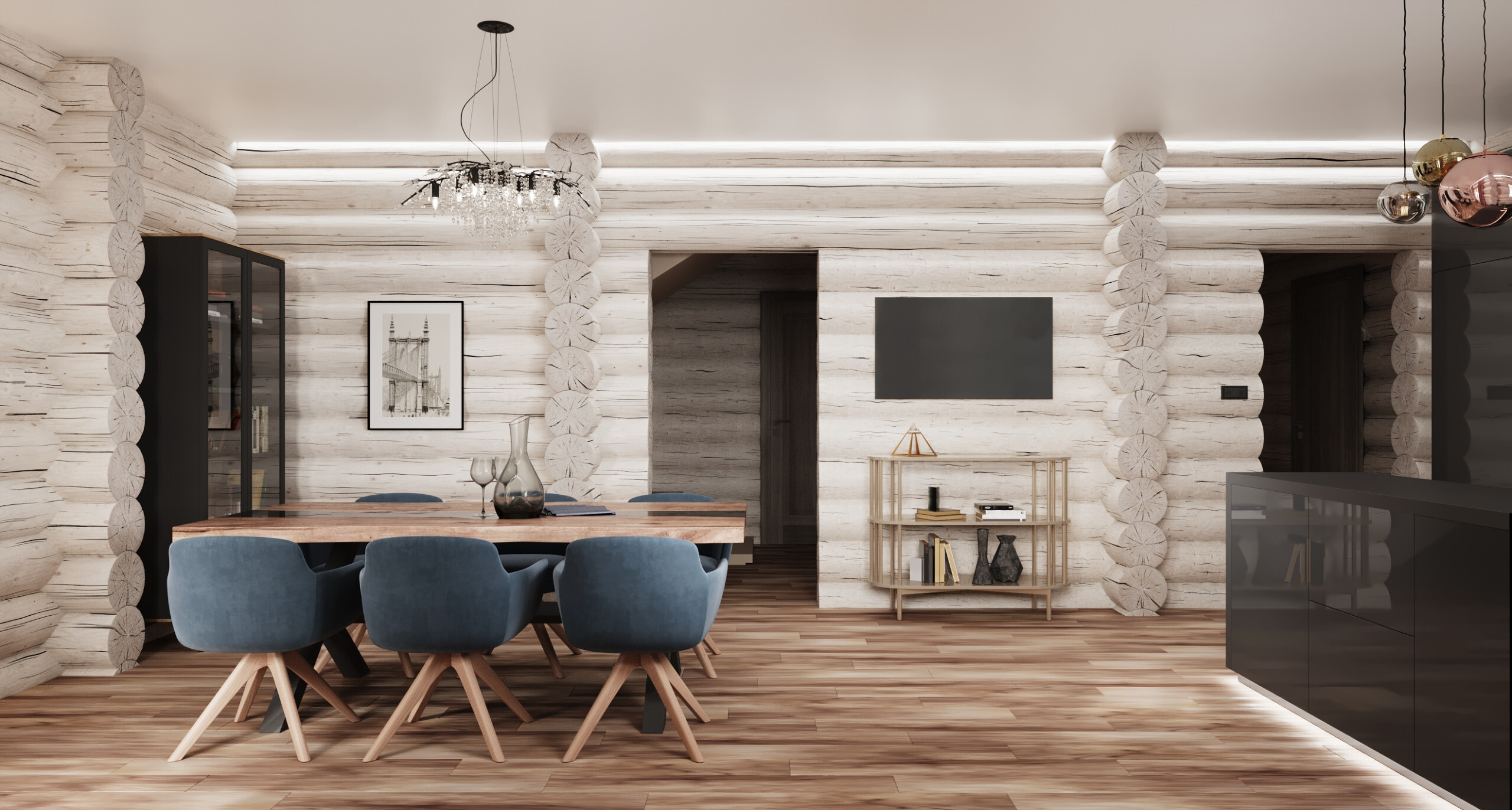 Интерьер столовой с в деревянном доме и сауной в современном стиле
