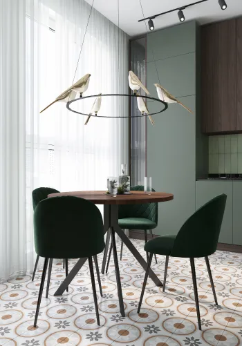Интерьер кухни cветильниками над столом  смотреть на Basicdecor