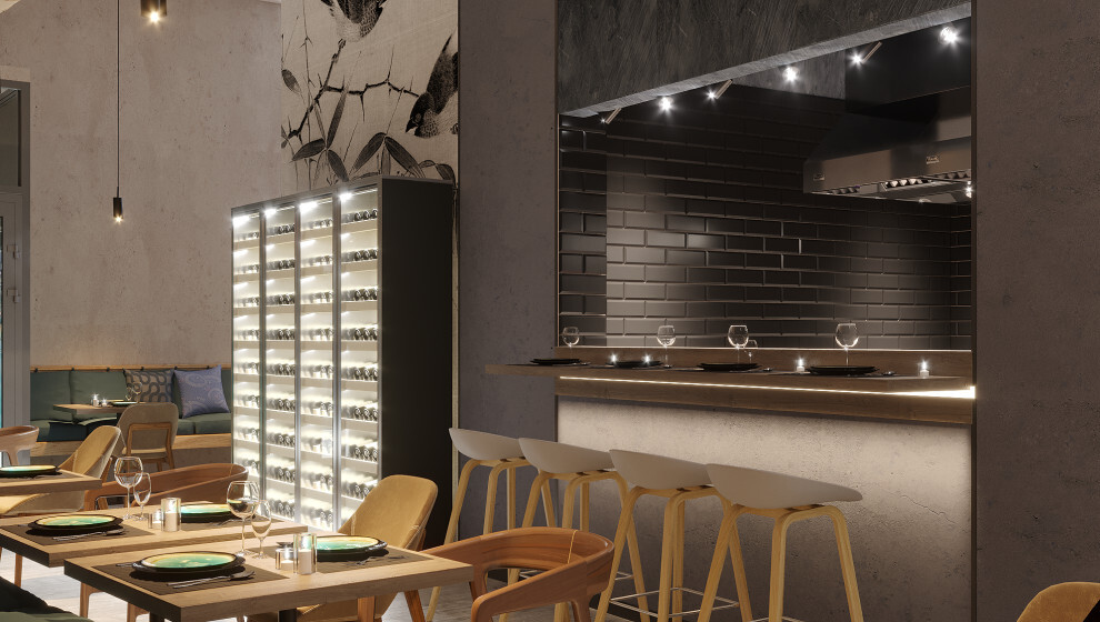 Интерьер кафе и ресторана с подсветкой настенной и подсветкой светодиодной в восточном стиле
