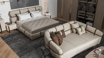 Интерьер спальни с кроватью в нише и каретной стяжкой  смотреть на Basicdecor