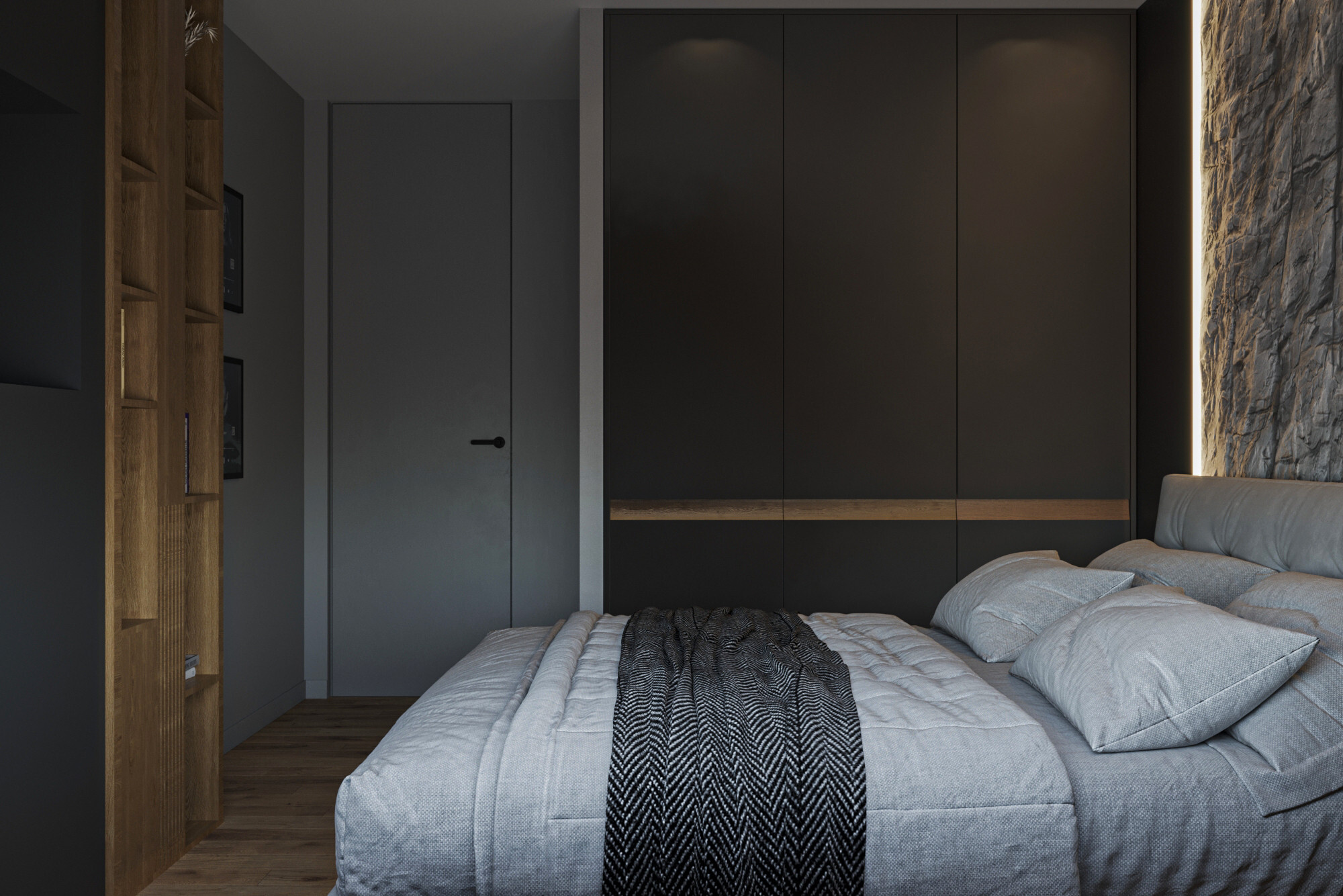 Интерьер спальни с бра над кроватью, светильниками над кроватью и шкафом над кроватью в современном стиле и в стиле лофт