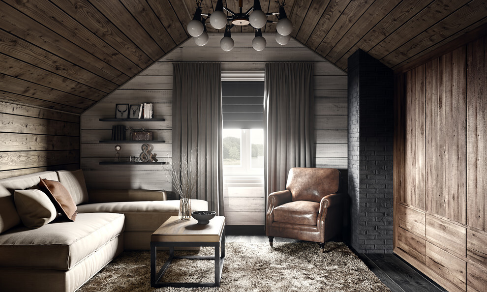 Интерьер гостиной с в деревянном доме и сауной в стиле лофт и готике