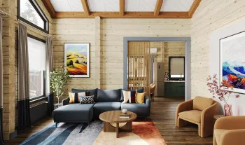 Интерьер гостиной с в деревянном доме  смотреть на Basicdecor