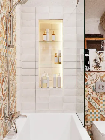 Интерьер ванной с нишей из плитки  смотреть на Basicdecor