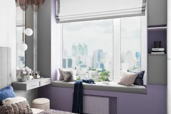 Интерьер спальни с окном и жалюзи в неоклассике смотреть на Basicdecor