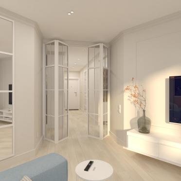 Интерьер гостиной с проходной, проемом и зеркалом на двери  смотреть на Basicdecor