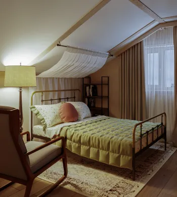 Интерьер спальни с на мансарде и светильниками над кроватью  смотреть на Basicdecor
