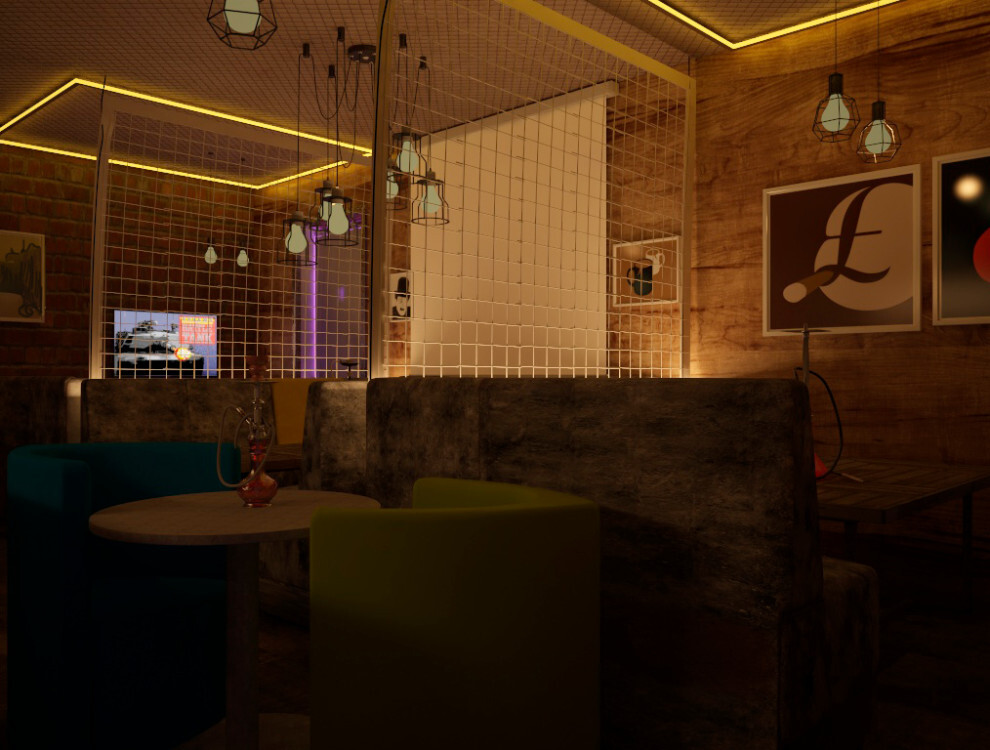 Интерьер кафе и ресторана cветовыми линиями, рейками с подсветкой, подсветкой настенной, подсветкой светодиодной и с подсветкой в стиле лофт