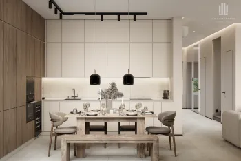Интерьер кухни cветильниками над столом  смотреть на Basicdecor