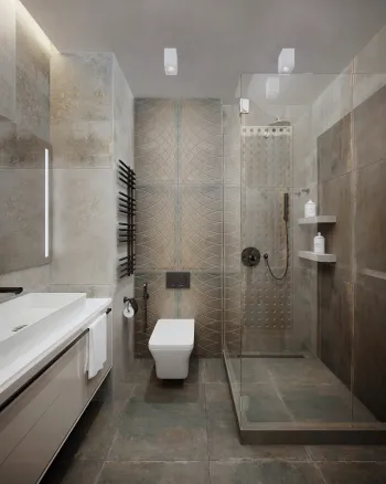 Интерьер ванной с душевой из плитки и совмещенным санузлом  смотреть на Basicdecor