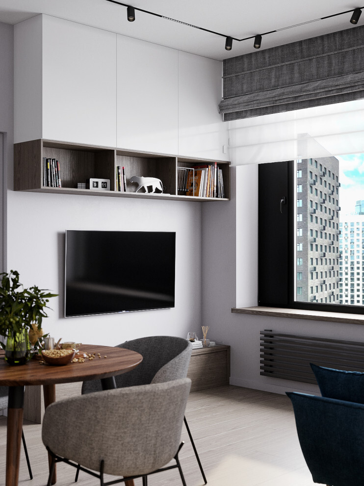 Интерьер cтеной с телевизором, телевизором на рейках, телевизором на стене, нишей для телевизора и керамогранитом на стену с телевизором в современном стиле