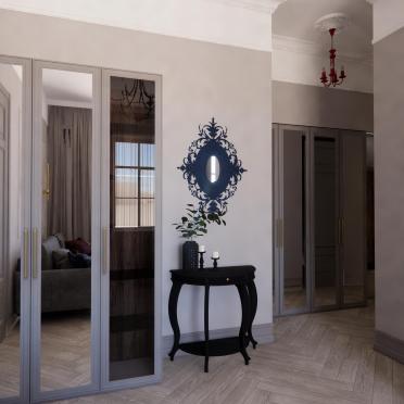 Интерьер гостиной с зеркалом на двери  смотреть на Basicdecor