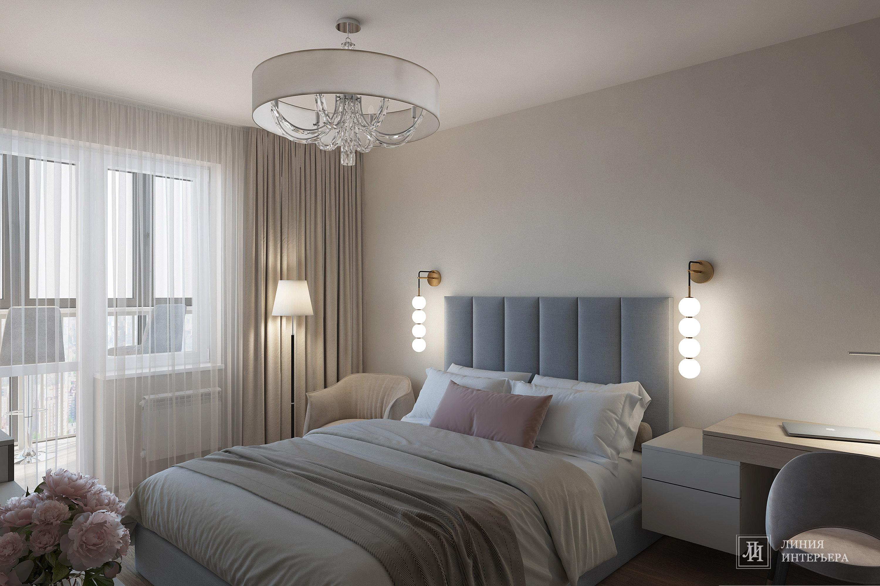 Интерьер спальни cветовыми линиями, подсветкой светодиодной и светильниками над кроватью