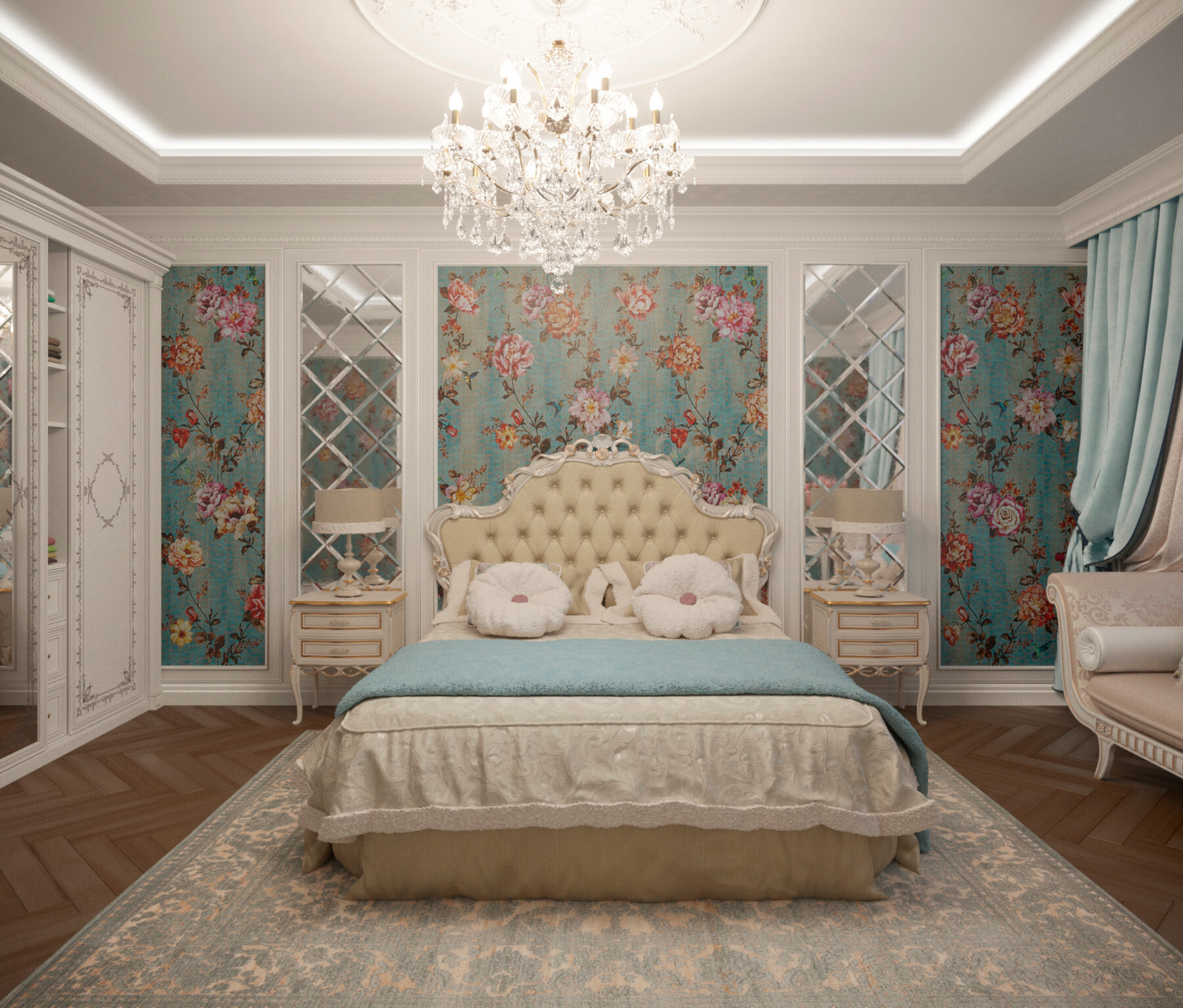 Интерьер спальни в классическом стиле, в стиле кантри и рококо
