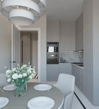 Интерьер кухни cветильниками над столом  смотреть на Basicdecor