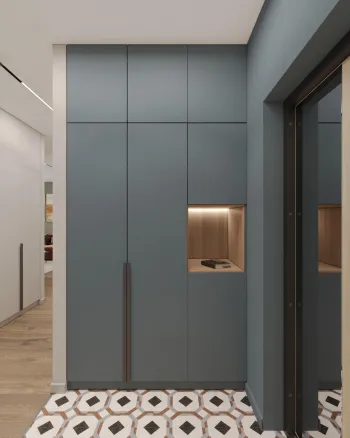 Интерьер прихожей с проходной, зеркалом на двери и с подсветкой  смотреть на Basicdecor