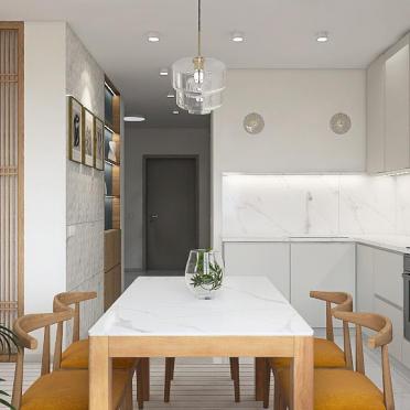 Интерьер кухни c обеденной зоной и светильниками над столом  смотреть на Basicdecor