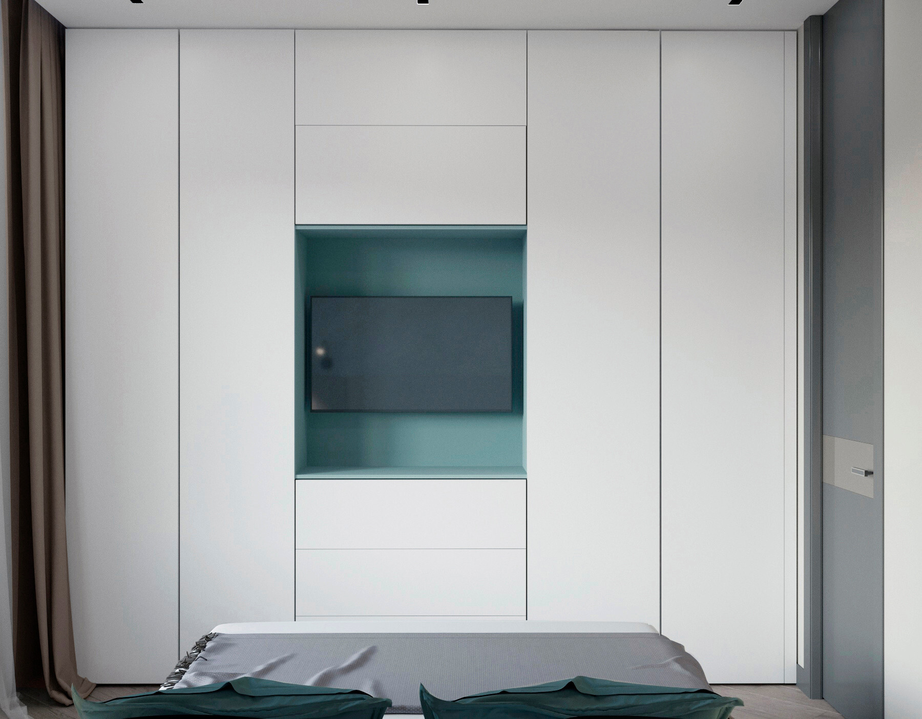 Интерьер спальни с шкафом у кровати в современном стиле