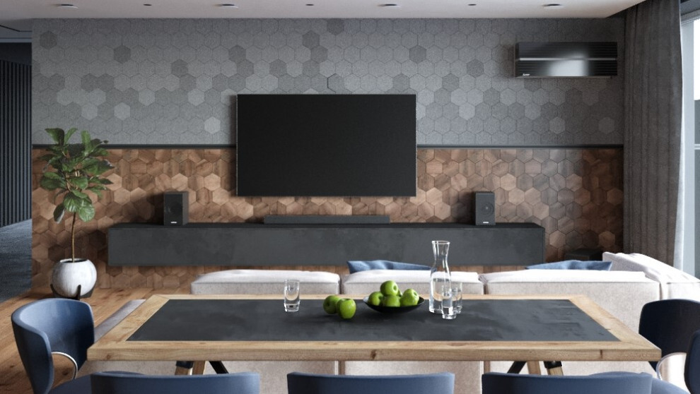 Интерьер столовой cтеной с телевизором и керамогранитом на стену с телевизором в современном стиле