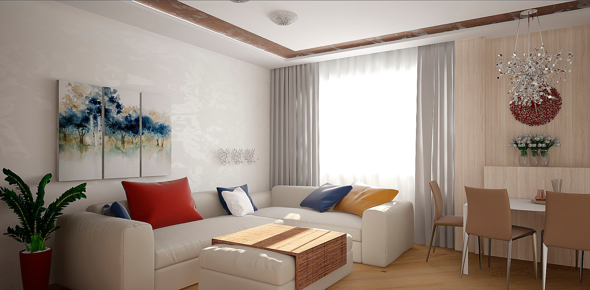 Интерьер спальни с проходной, световыми линиями, переговорной и рейками с подсветкой в современном стиле