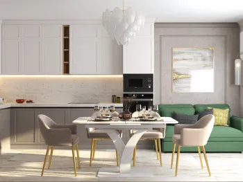 Интерьер кухни cветильниками над столом  смотреть на Basicdecor